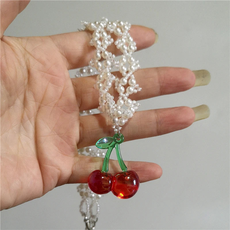 Lunivop Kpop Goth Vintage Cute Charm Cherry Strawberry Pendant Pearl Choker Necklace Women 2000s Y2K EMO Rave Jewelry Scene Accessories