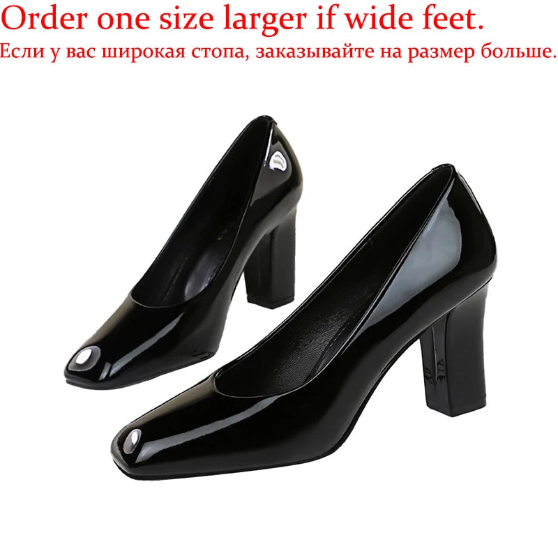 Lunivop  Women Elegant Nude Patent Leather 8.5cm High Block Heels Pumps Lady Chic Square Toe Prom Dress Pumps Female Daily Date Shoes