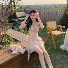 Lunivop  Summer Sweet Slim Waist Bow A-line Camisole Dresses+ Y2k Loose Long Sleeve Cardigan Top Women New Two Piece Sets