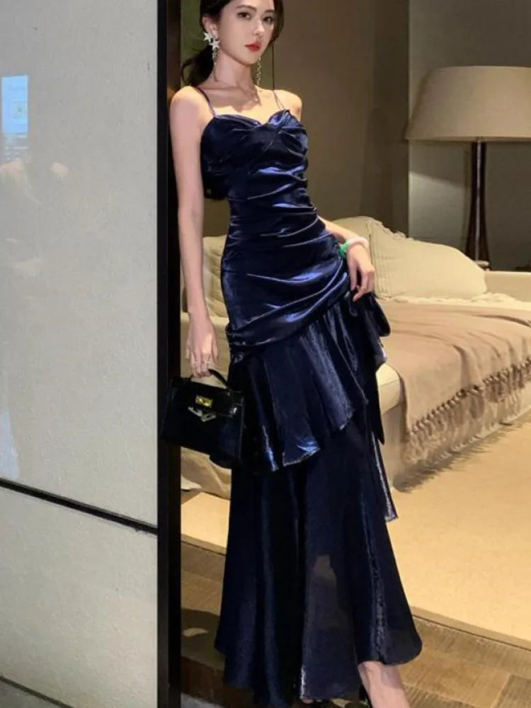 Lunivop Vintage Blue Elegant Sexy Backless Ruffles Long Dresses French  Pleated Slip Sleeveless Vestidos Birthday Evening Party Dress
