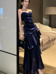 Lunivop Vintage Blue Elegant Sexy Backless Ruffles Long Dresses French  Pleated Slip Sleeveless Vestidos Birthday Evening Party Dress