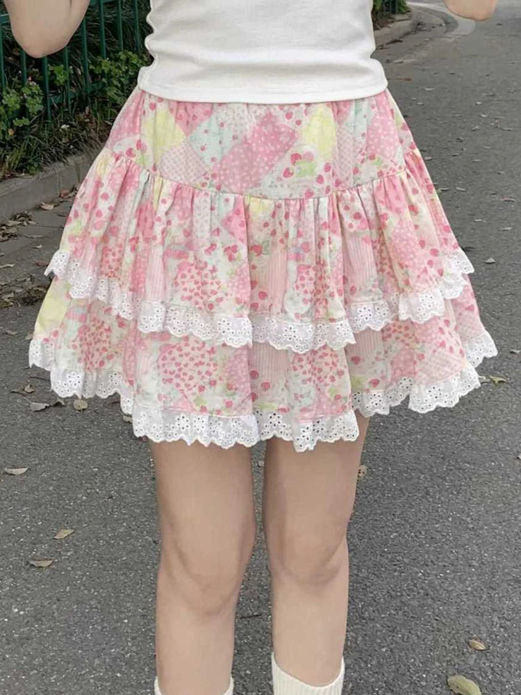 Lunivop Retro Floral Cute Skirts Women High Waist Sweet Japan Mini Skirt Casual Lace Patchwork Vintage Female Elegant Kawaii Skirt