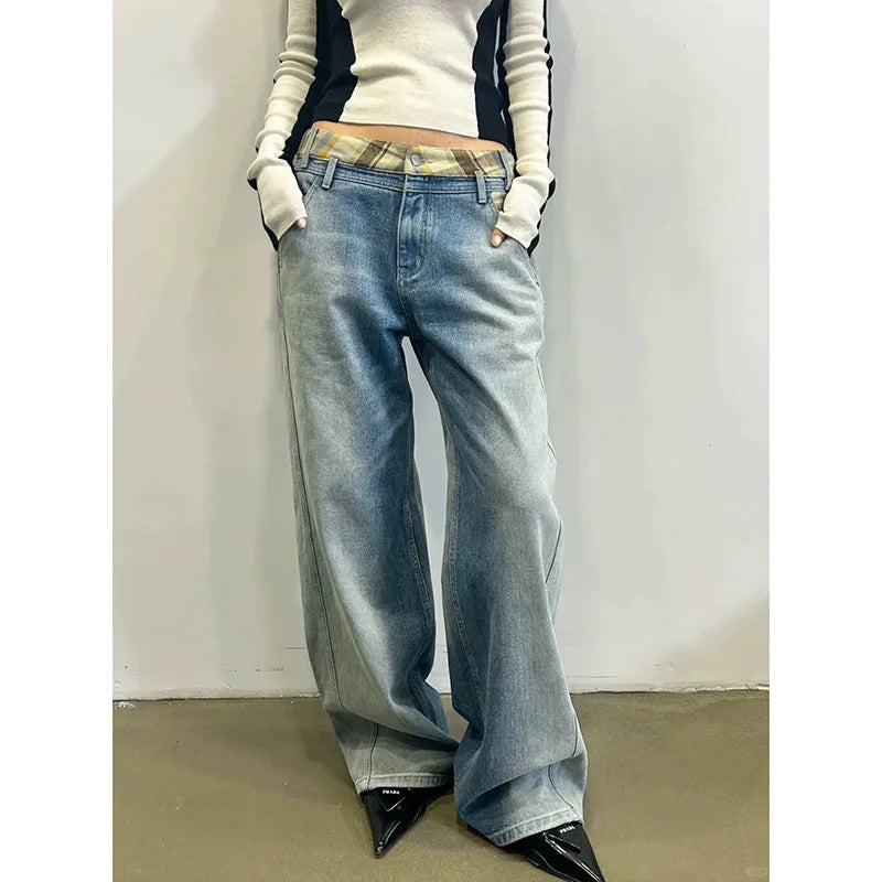 Lunivop Y2K Blue Jeans For Women High Quality High Waist American Street Wide Leg Pants Hip Hop Vintage Straight Autumn Trousers