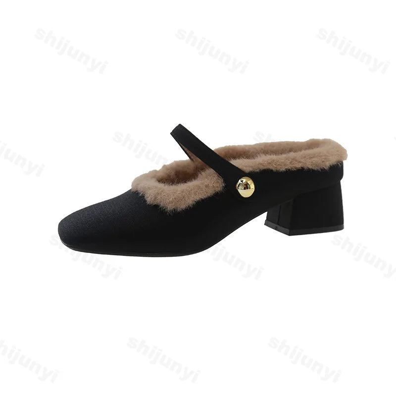 Lunivop Elegant Metal Buckle Mary Janes Woman Half Slippers New Mid Heel Dress Shoes Ladies Winter Warm Plush Belt Pumps Zapatos