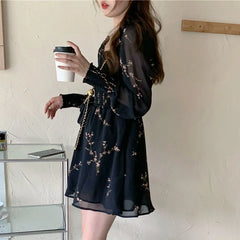 Lunivop  Women Sexy Black Chiffon Dress Spring Vintage Flower Long Puff Sleeve Dresses Korean Casual Mini Vestidos Elegant  Clothes
