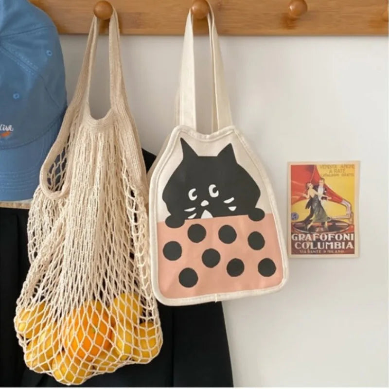 Lunivop Small Handbags for Women Korean Style Cute Cartoon Cat Canvas Bag 2024 Fashion Casual Portability Kawaii Print Bag