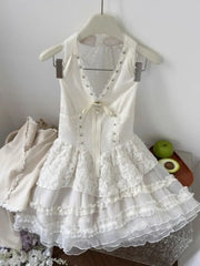 Lunivop  Elegant Lace Bow Halter Vest Dress for Women Summer Sweet Vacation Style Cake Dresses New Sleeveless Vestidos De Mujer