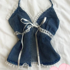 Lunivop  American Vintage Denim Sling Vest Y2K Goth Age Reduction Unique Slim Tanks Halter Lace Patchwork Bow All-match New Tees