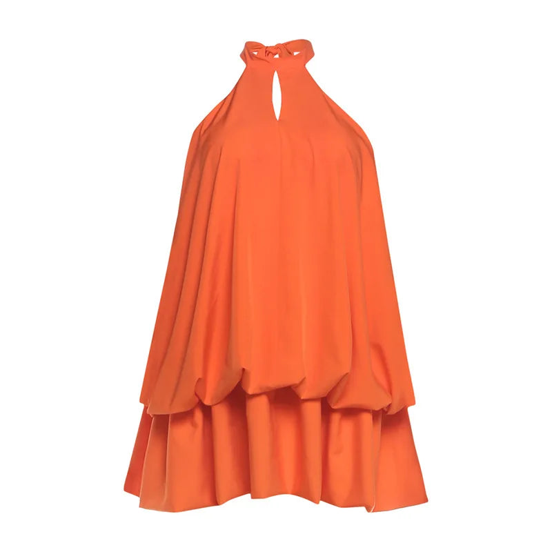 Lunivop  Orange Lace Up Halter Backless Mini Cake Dress Hollow Out Sleeveless Pleated Lantern Party Outfits Women Solid Casual Streetwear