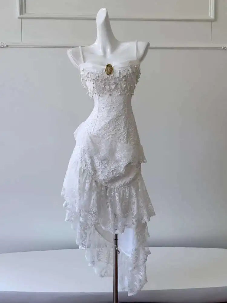 Lunivop New Elegant Temperament 3D Jacquard Lace Dress Socialite Style Irregular Suspender Strapless Long Dresses
