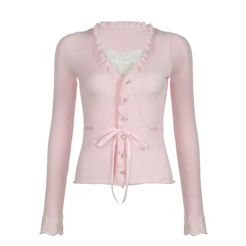 Lunivop  Korean Slim All Match Spliced Lace Fake Two Piece Harajuku High Street Commuter Casual Single Breasted Shirts Y2k Punk Clothes