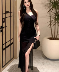 Lunivop  Sexy Dresses Women Strapless Sequins Patchwork Elegant Split Backless Vintage Elegant Party Dress Female Cocktail