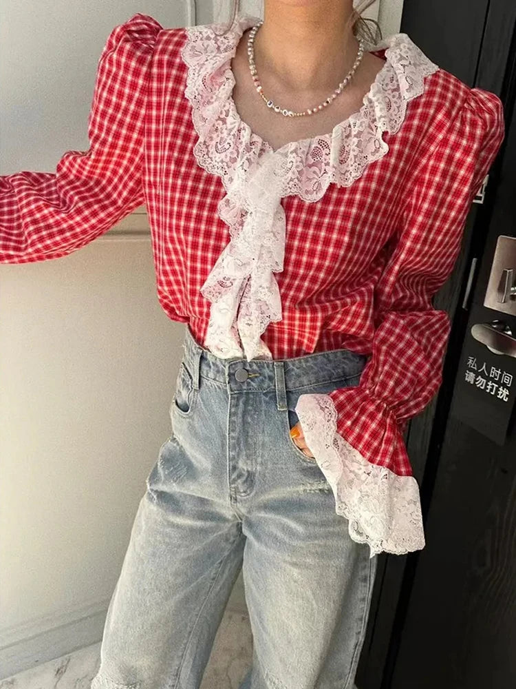 Lunivop   Vintage Ruffles Plaid Shirt Women Elegant Lace Patchwork V Neck Blouse French Sweet Long Sleeve Retro Design Casual Tops