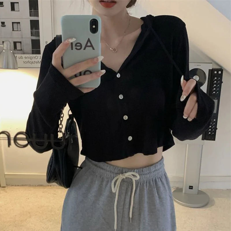 Lunivop Rimocy Summer Knitted Hooded Cardigan Women Korean Streetwear Single Breasted Crop Tops Woman Solid Long Sleeve Knitwear Top