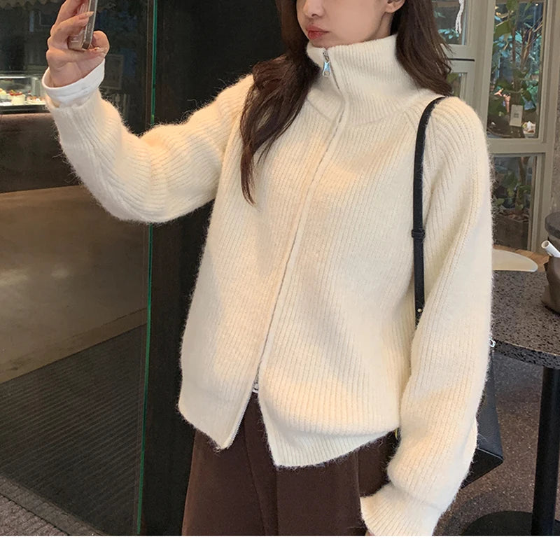 Lunivop Women Zip Up Sweater High Neck Zipper Front Knit Cardigan Sweater Jacket Ladies Autumn Winter Korean Fashion Outfit