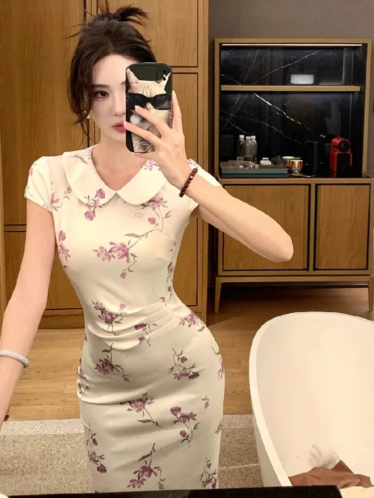 Lunivop  Woman Dress Sexy Peter Pan Collar Floral Printed Slim Vintage Elegant Summer Fashion Temperament Party Dresses Female