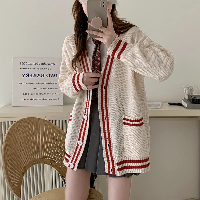 Lunivop Women Cardigan Sweater Varsity Striped Front Pocket Long Sleeve Button-up Knit Sweater Jacket College Student Girl Preppy Style