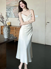 Lunivop  Solid Bright Silk Chic Bow Sling Sexy Long Dress Women Korean Vintage Hepburn Vestidos Summer Elegant Bodycon Evening Dress