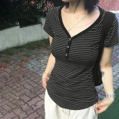 Lunivop  Korean Fashion Striped V-Neck with Buttons Slimming T-shirts Women's Summer Short Sleeve Top Tees Y2K Aesthetics New