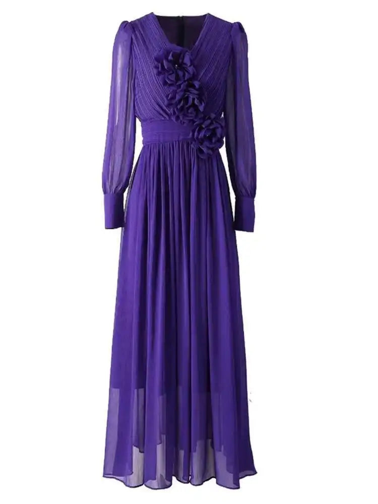Lunivop solid 3D flowers folds women's dresses round neck long sleeve high waist elegant dress female autumn 2025 new