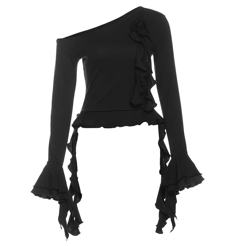 Lunivop  Women's Elegant Flare Sleeve Ruched Red T Shirts Fashion 2025 Autumn Skew Collar 3D Flower Ruffles Irregular Solid Club Tee Tops