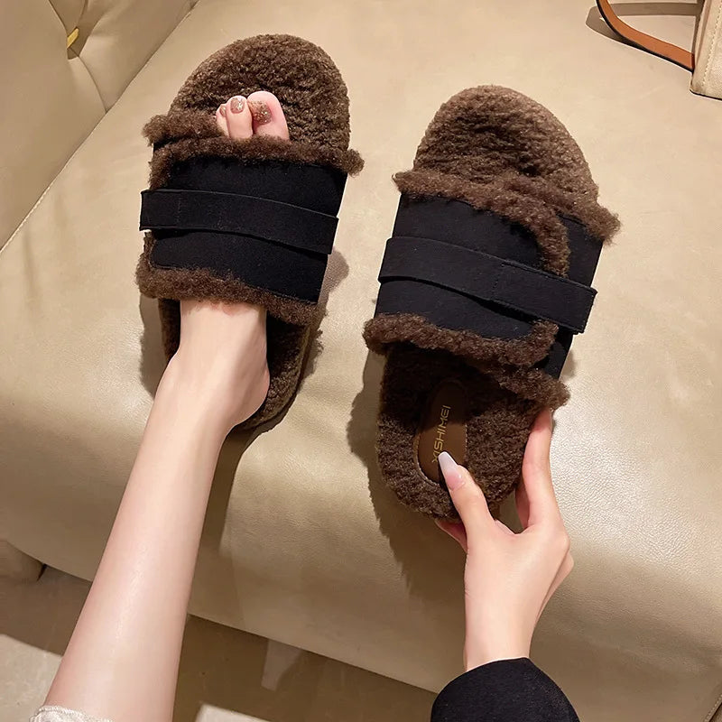 Lunivop Fluffy Faux Fur Plush Slippers Fashion Design Women Home Slippers Indoor Open Toe Flat Non-slip Leisure Large Size Female Slides