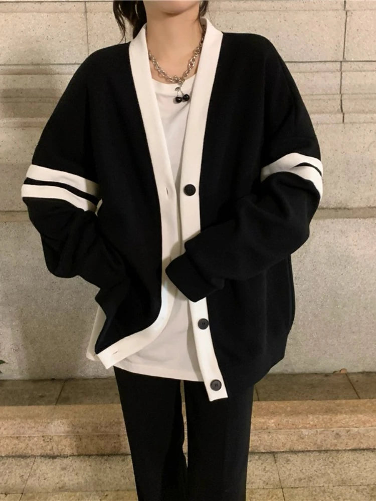 Lunivop Varsity Cardigan Sweater for Women Long Sleeve V-Neck Button-up Knit Slouchy Cardi Korean School-girl Preppy Fall Winter Outfit