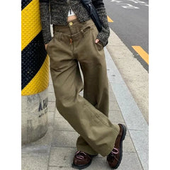 Lunivop Khaki Womens Jeans High Waist Vintage Straight Winter Y2K Classic Denim Pants Streetwear American Wide Leg Baggy Denim Trouser