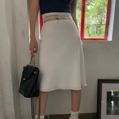 Lunivop  Deeptown Elegant White Women Satin Skirt Fairycore Ruffle Mid Skirts Coquette A-line Basic Casual Korean Style Summer Silk Skirt