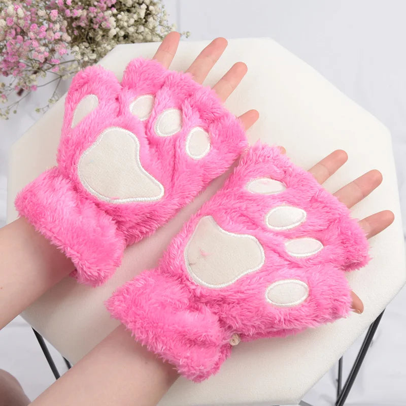 Lunivop Women Cartoon Cat Claw Gloves Thickened Plush Lovely Style Bear Paw Exposed Fingers Half Winter Mittens Warm Girls Gift Gloves