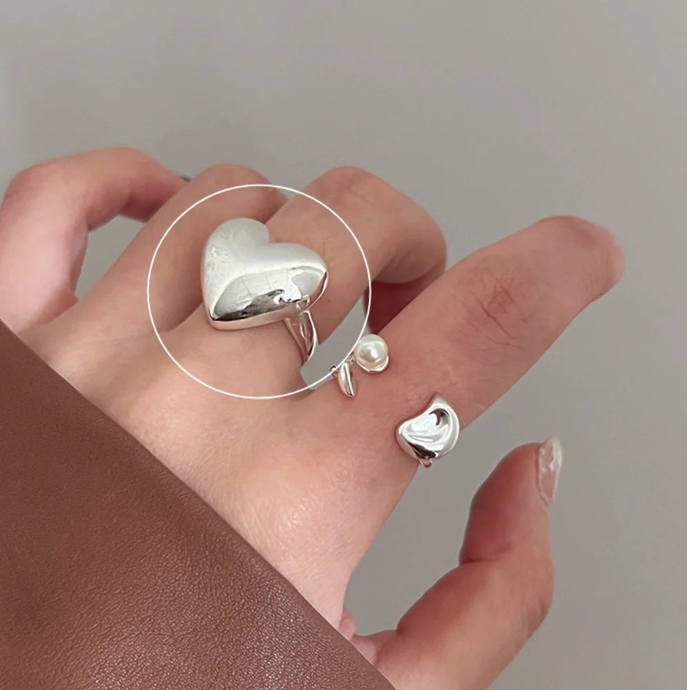 Lunivop New Trendy Korea Silver Simple Vintage Flower Heart Finger Rings for Women Girls Stacking Rings Party Jewelry Gift