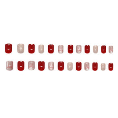 Lunivop  24pcs Self-adhesive Coffin Press on Nails Summer Red Ribbon Short Sweet False Nails Cat Eye Cheap Nail Tips Glued Nails Set
