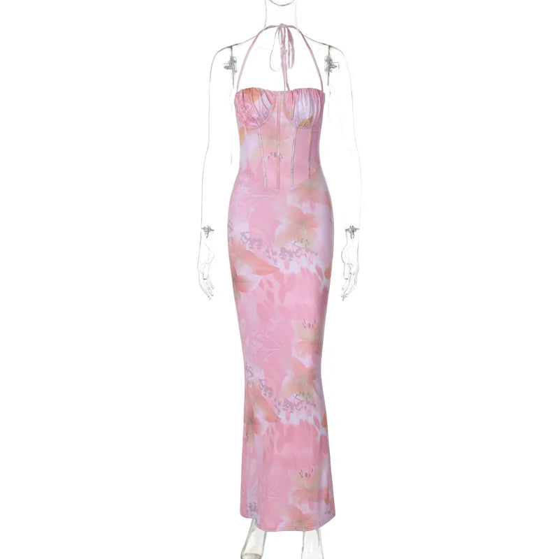 Lunivop Floral Print Slit Back Corset Bodycon Women'S Dresses Summer Vacation Y2K Streetwear Elegant Evening Casual Clothes