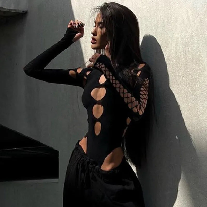 Lunivop   Sexy Dot Hollow Out Bodysuit Y2K Gothic Punk Long Sleeves Bodycon T-shirt Women Autumn Streetwear Slim Bodice Bodysuits
