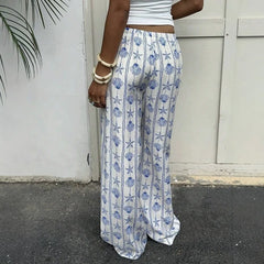 Lunivop  Women's Summer Pants Ethnic Print Drawstring Waist Trousers Full Length Casual Pants Wide Leg Starfish Print Printed Pants