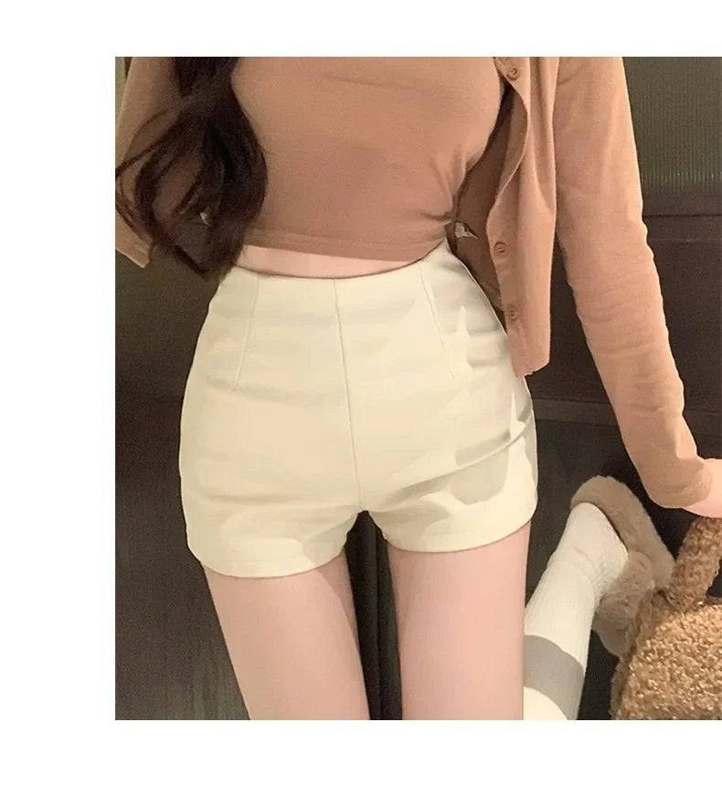 Lunivop Women's New Autumn Black Leather Shorts High-waisted Slimming Tight A- line Casual Pants For Smooth Slimmed Silhouette