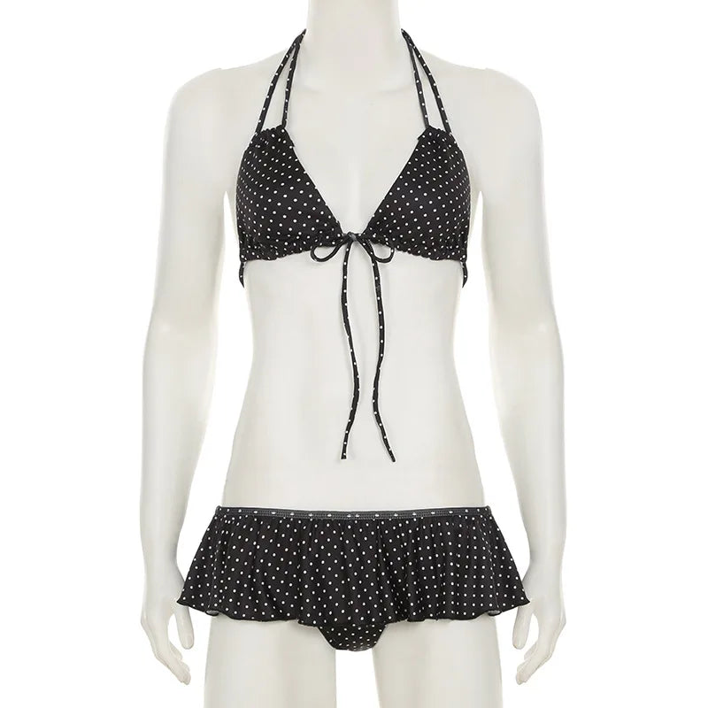 Lunivop Women Polka Dot Bikini Set Beaches Style Lace-up Halter Camisole and Ruffled Triangle Pants Two Piece Set Vacation