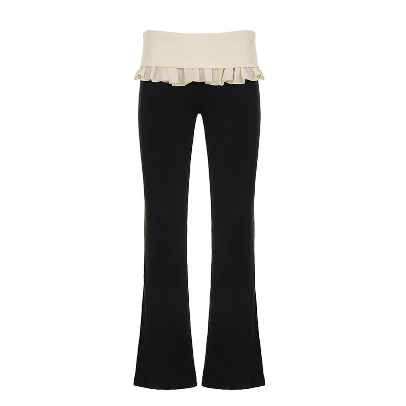 Lunivop  BKLD Y2K Cute Casual Ruffles High Waisted Pleated Knitted Slim Fit Contrasting Color Wrapped Hip Flare Pants Sexy Daily Trousers