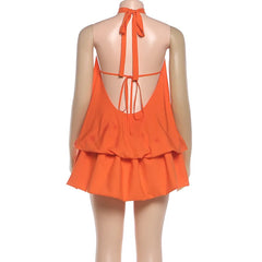 Lunivop  Orange Lace Up Halter Backless Mini Cake Dress Hollow Out Sleeveless Pleated Lantern Party Outfits Women Solid Casual Streetwear
