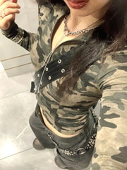 Lunivop  Vintage Camouflage Print Backless Bandage Sweatshirt Women Autumn Slim Fit Zipper Long Sleeve Jackets Y2k Hoodies