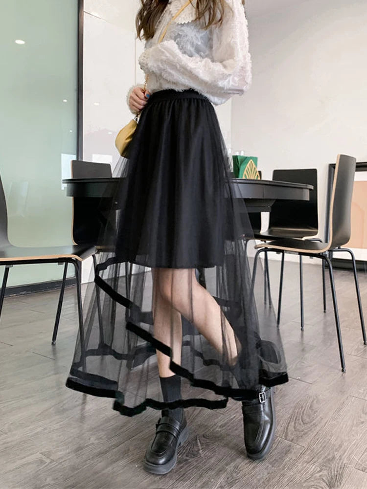 Lunivop Elegant Mesh Patchwork Women Tulle Skirt Fashion Korean A Line Cake Skirt Female Sweet Preppy Style Irregular Midi Skirt