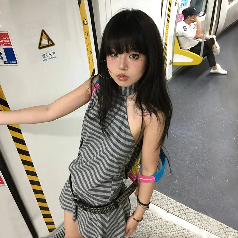 Lunivop  Y2k Aesthetics Halter Dress Japanese 2000s Style Grey Striped Short Dress Vintage Harajuku Backless Mini Dress Grunge