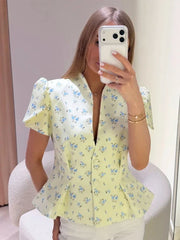 Lunivop  Elegant Printed Women's Blazer Short Puffed Sleeve V-Neck Single-Breasted Lady Top Summer Chic Female Street Blazers New