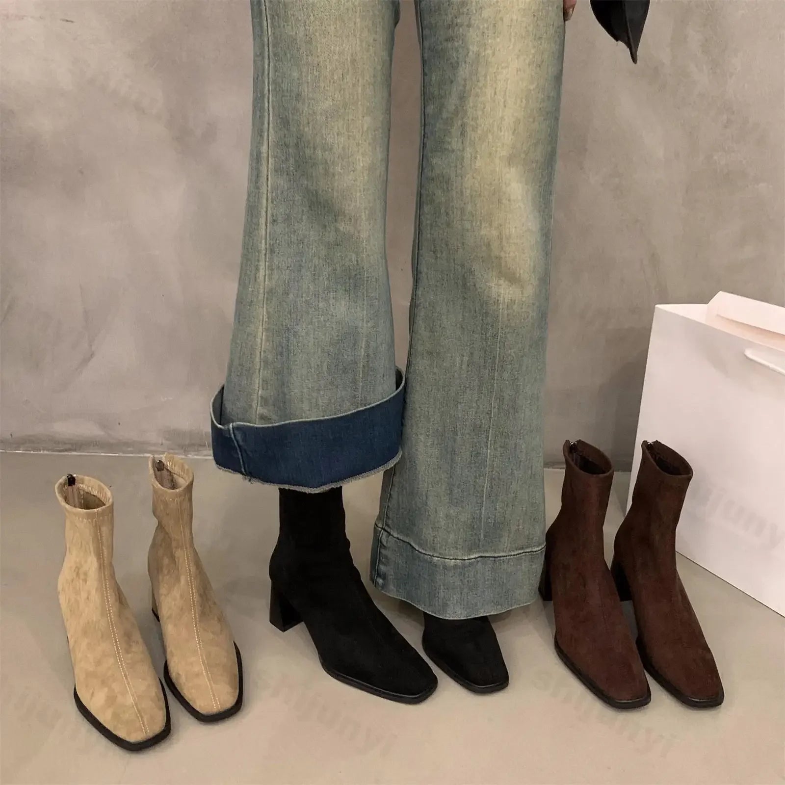 Lunivop Vintage Women Ankle Boots Fashion Square Toe Thick High Shoes Autumn Winter New Ladies Elegant Stretch Slim Short Booties