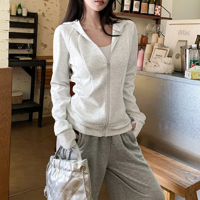 Lunivop  Women Hoodie Zip-up Solid Gray Hooded Sweatshirt Long Sleeve Kangaroo Pocket Sweatshirt Drop Shoulder Cuffed Sleeve Cardigan