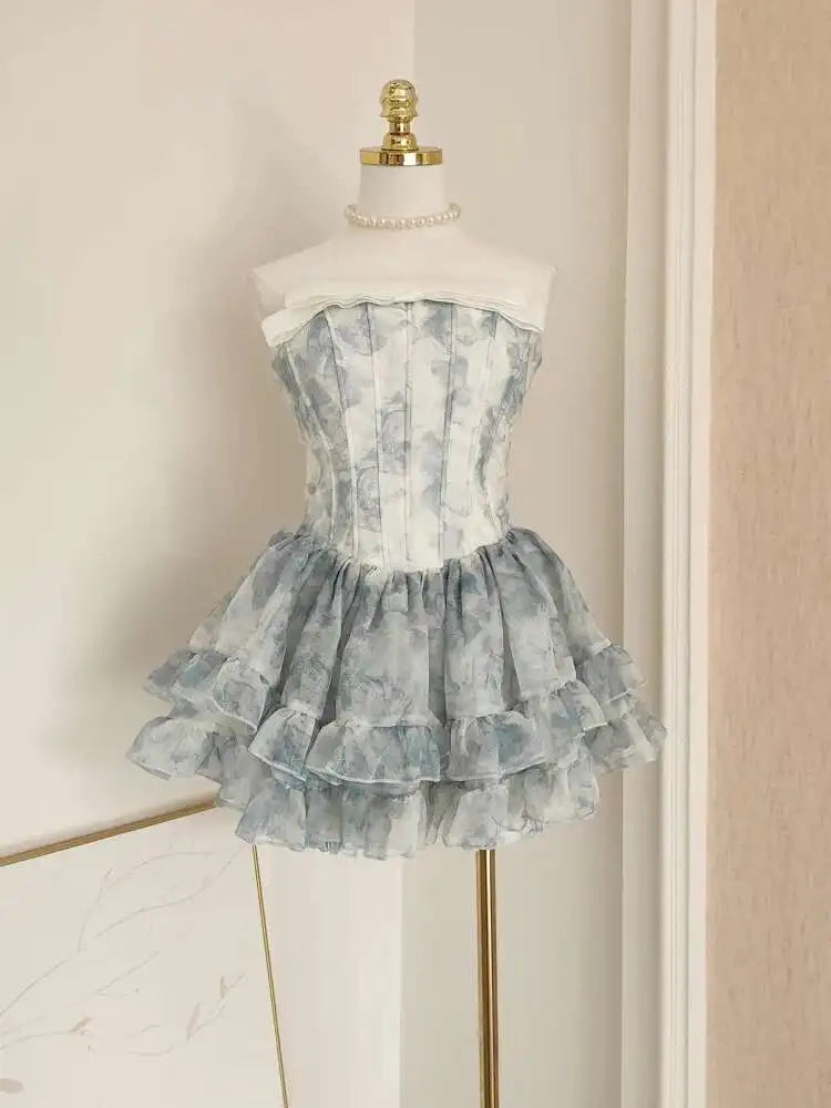 Lunivop French Style Mesh Splicing Women Print Dress Bow Slash Neck Sleeveless Dresses Female 2025 Spring Summer New