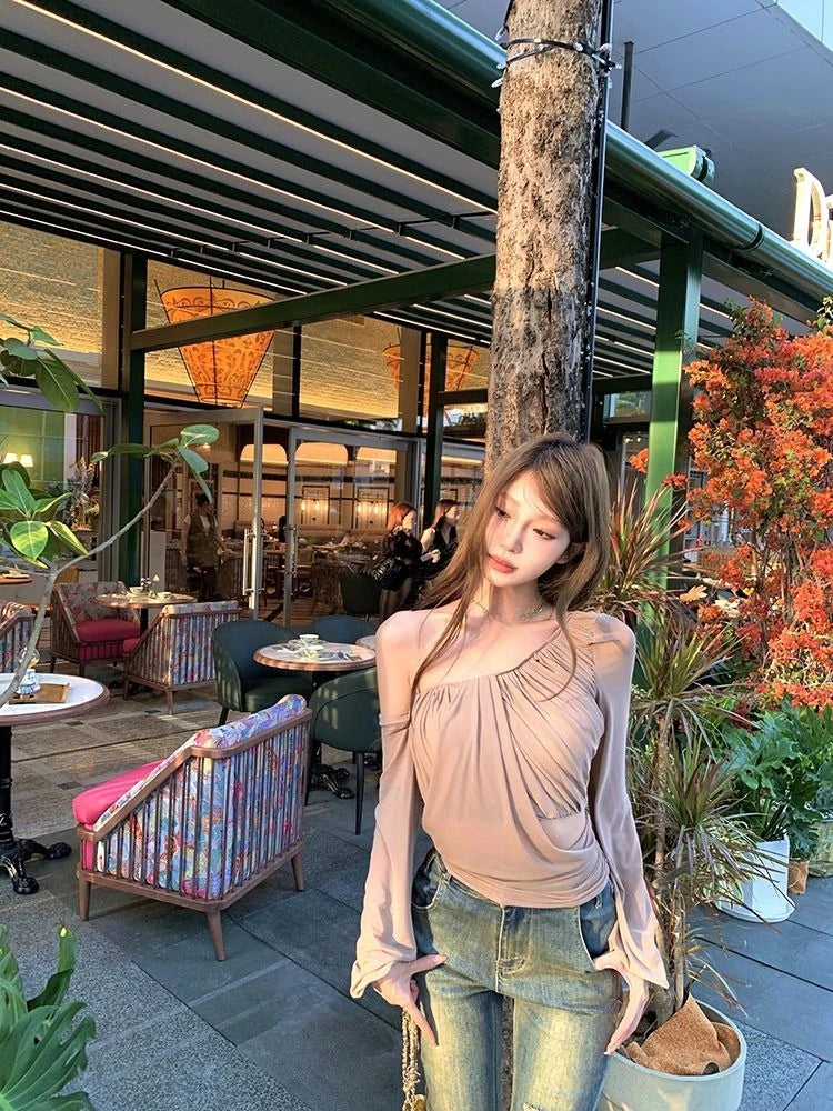 Lunivop  Irregular Blouse Women Diagonal Collar Long Sleeve Mesh Patchwork Slim Sexy Hollow Out Backless Solid Sexy Shirts Tops