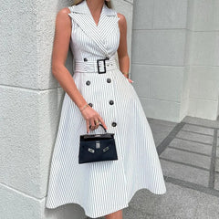 Lunivop  Autumn Women Vertical Stripe Printed Polo Turn-down Collar Dress with Belt High Waist Sleeveless Button Dresses