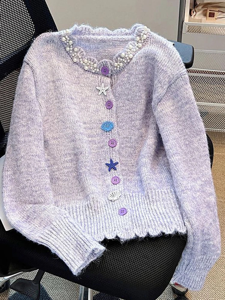 Lunivop Women Korean Sweet Cardigan Fashion Pearls O Neck Long Sleeve Knitted Sweaters Chic Design Buttons Female Fall Tops Coats