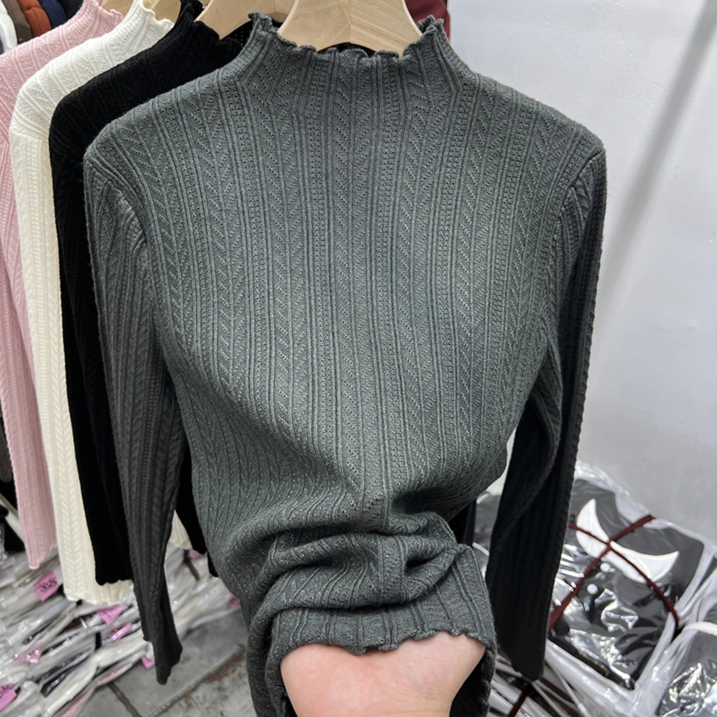 Lunivop Women Long Sleeve Knitted Top Textured Stretchy Mock Neck Fitted Sweater Pullover Jumper Fall Winter Teen-girl Basic Outfit